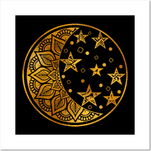 Gold Metallic Moon and Stars Mandala Posters and Art